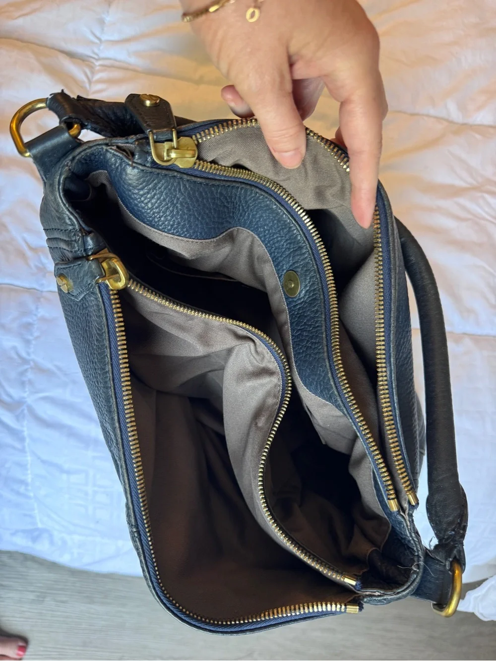 J. Crew Navy Pebbled Leather Bag with Gold Hardware